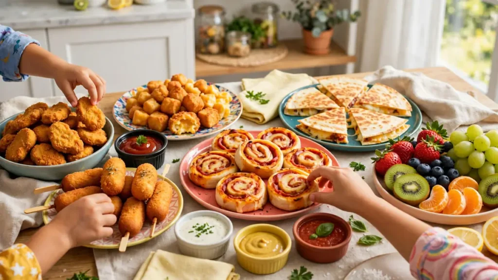 Hands reaching for air fryer snacks including mini pizzas, corndogs, nuggets, fruit, and dipping sauces