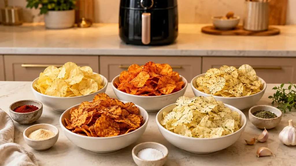 Five bowls of various flavored potato chips with seasoning powders and herbs on kitchen countertop