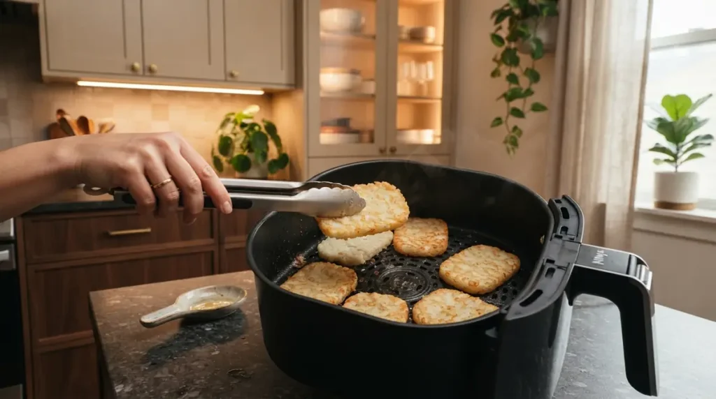 Hand holding tongs flipping hash brown patty inside black air fryer