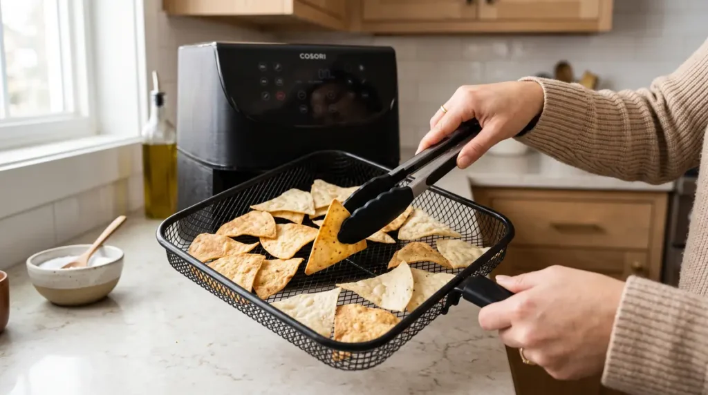 Air Fryer Tortilla Chips (Crispy & Easy Homemade) 5 Hands using tongs to flip tortilla chips in an air fryer basket on kitchen counter