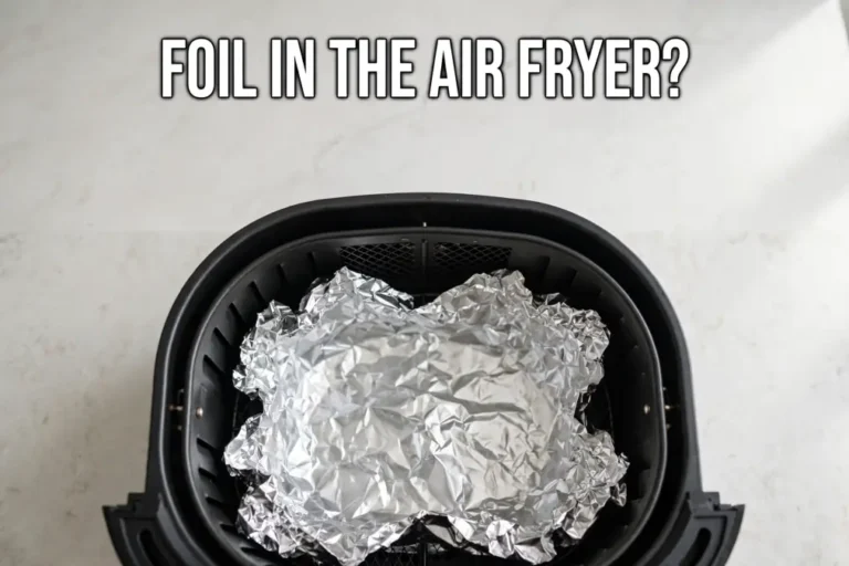 Crumpled aluminum foil inside an air fryer basket on a light countertop
