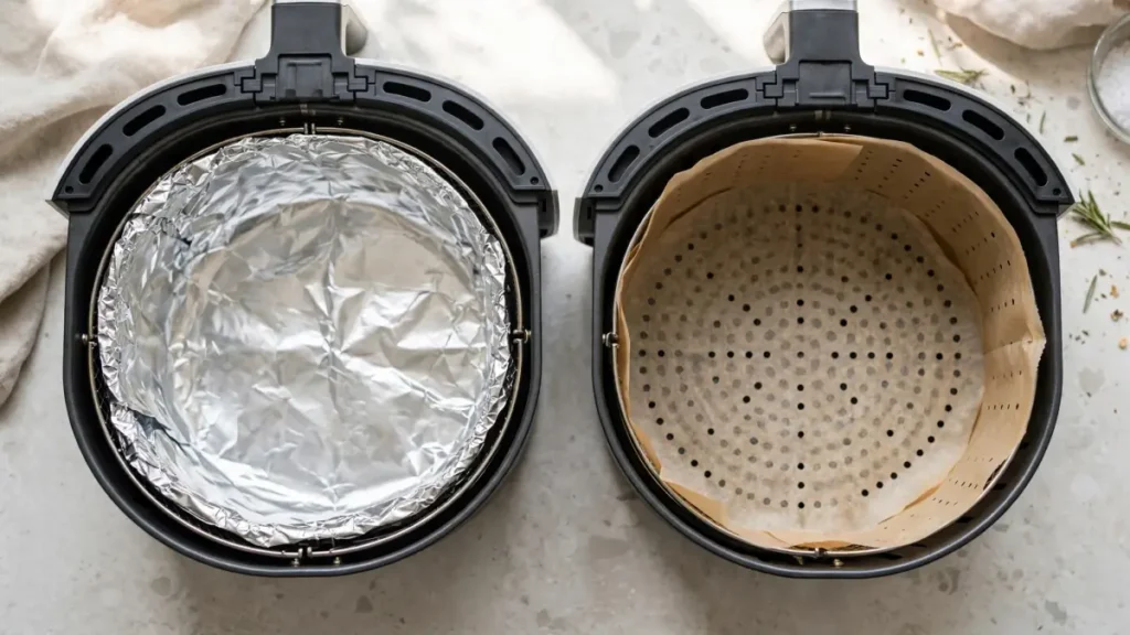 Two air fryer baskets side by side, one lined with aluminum foil and the other with parchment paper