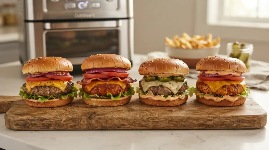 Hamburgers in Air Fryer (Juicy, Easy + Cook Time Guide) 5 Cheeseburger with lettuce, tomato, pickle, onion, and sauce with air fryer hamburger patties in the background