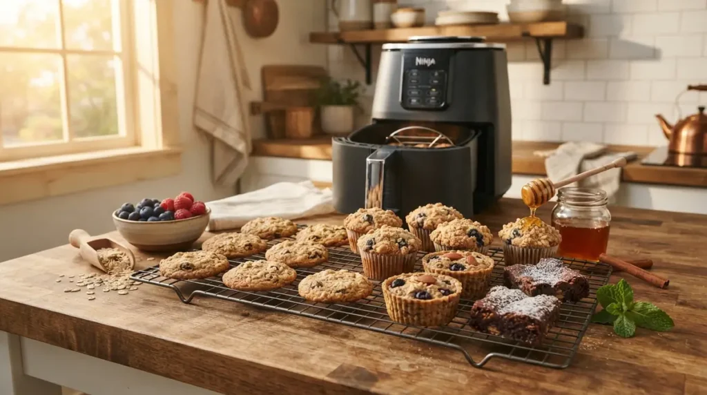 Cooling baked muffins, cookies, and brownies on wire rack with honey being drizzled
