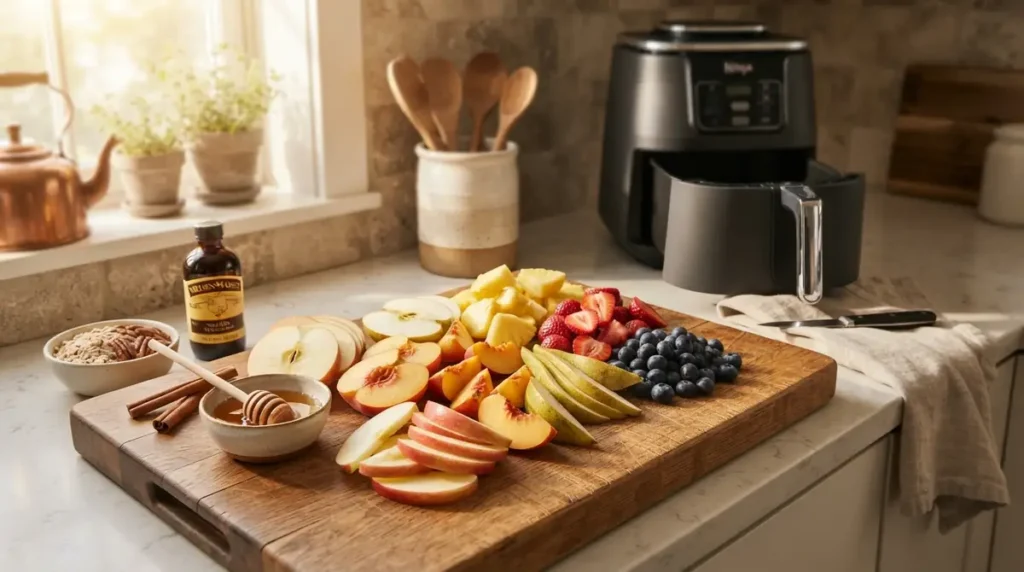 Wooden board with sliced apples, peaches, pears, pineapples, strawberries, blueberries, honey, cinnamon, and oats on kitchen counter