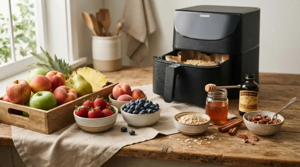 Assorted fresh fruits, oats, honey, pecans, and vanilla next to a black air fryer on a wooden table