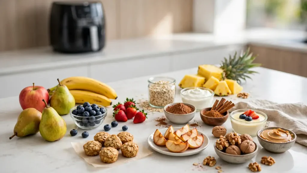 Assorted fresh fruits, nuts, oats, and bowls with yogurt and cinnamon on a kitchen counter