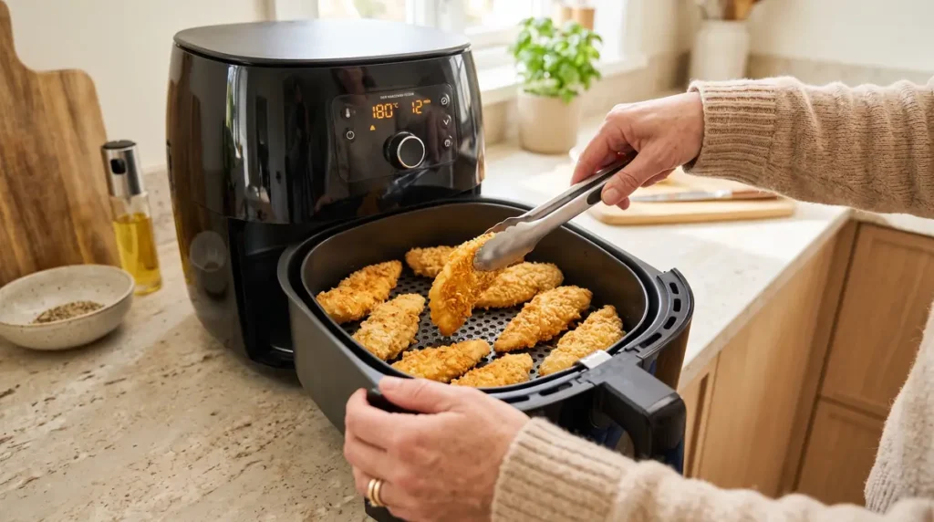 Air Fryer Chicken Tenders Recipe (Crispy, Juicy & Easy) 5 Hands using tongs to take fried chicken strips out of an air fryer basket on a kitchen countertop