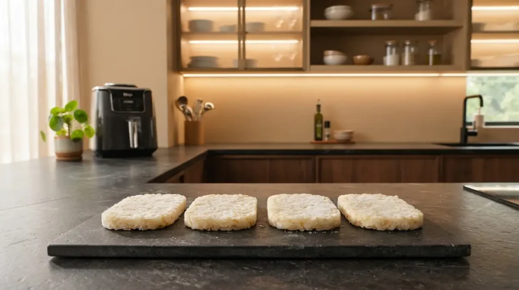 Four frozen hash brown patties lined up on a black cutting board on a kitchen counter