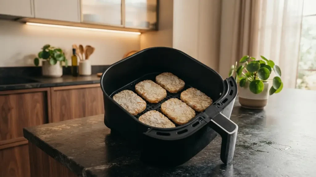 Six frozen hash browns arranged in an air fryer basket on a kitchen counter