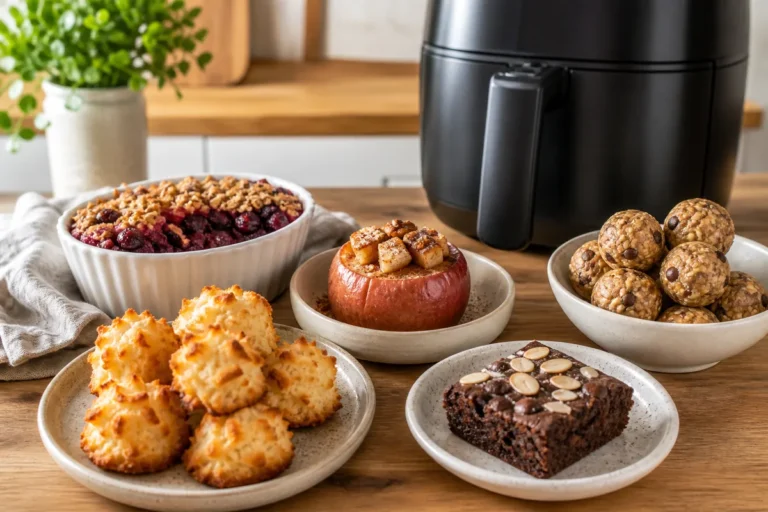 Assortment of gluten-free air fryer desserts including berry crumble, baked apple, coconut macaroons, and brownies