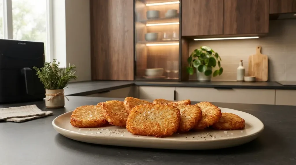 Golden brown hash brown patties arranged on a beige plate on a kitchen counter