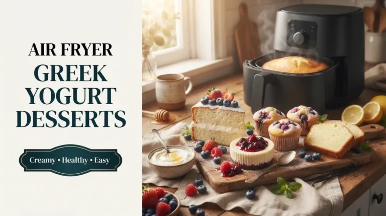 Assorted Greek yogurt desserts with berries and an air fryer on a kitchen counter