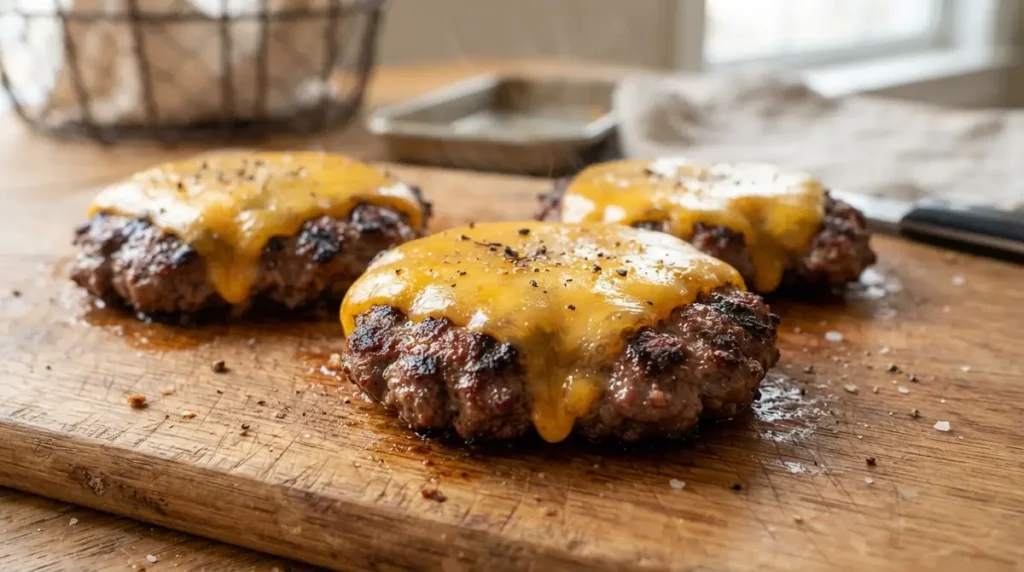 Hamburgers in Air Fryer (Juicy, Easy + Cook Time Guide) 4 Three grilled hamburger patties with melted cheddar cheese resting on a wooden board
