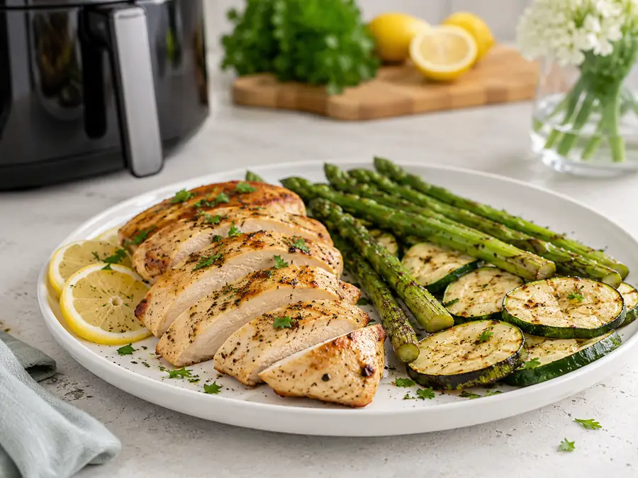 Easy Lemon Garlic Air Fryer Chicken with Spring Vegetables