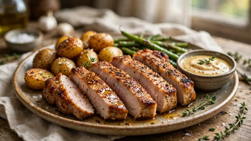 Sliced air fryer pork chops served with roasted baby potatoes, green beans, and creamy sauce