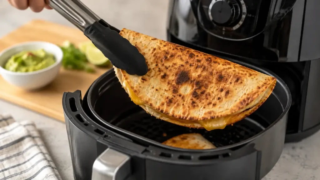 Hand using tongs to lift a grilled quesadilla from an air fryer basket