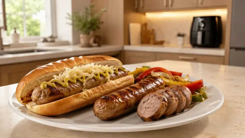 Grilled sausage served on a white plate with sautéed peppers and onions, and a sausage sandwich topped with mustard and shredded cheese