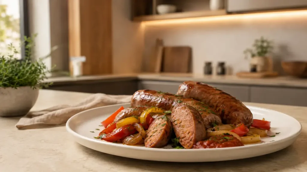 A plate of grilled sausages served with colorful vegetables