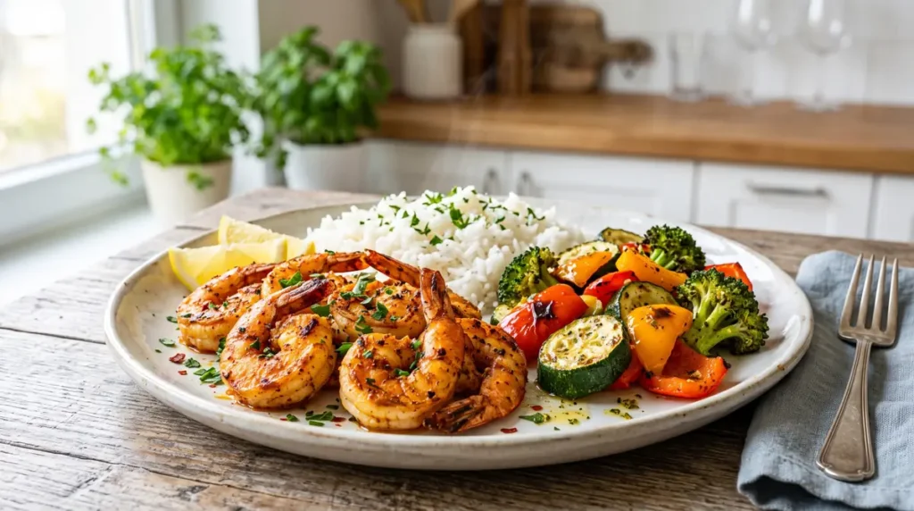 Plate with grilled shrimp, white rice, and roasted mixed vegetables on a wooden table
