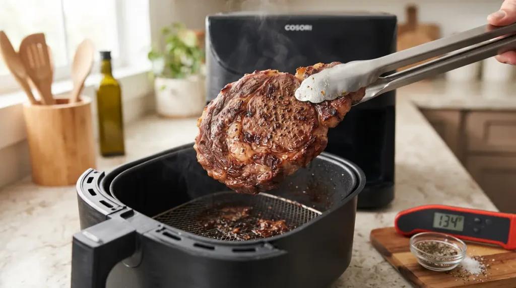 Grilled steak held by tongs above an open air fryer on a kitchen counter