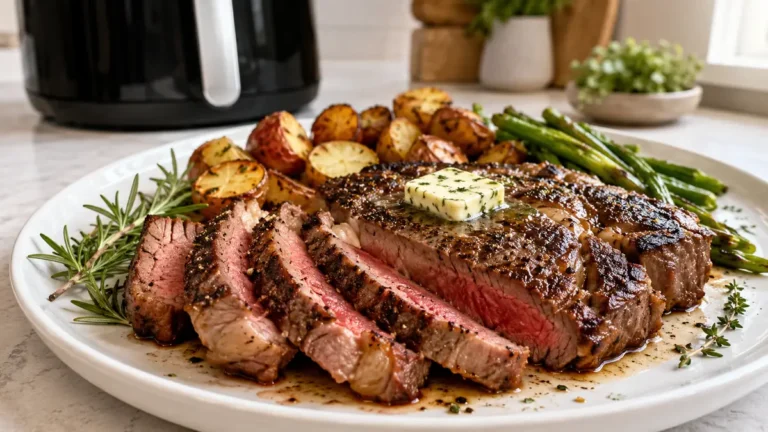 Sliced grilled steak topped with herb butter with roasted potatoes and asparagus on a white plate