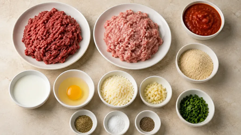 Ground beef and pork with various ingredients on a countertop.