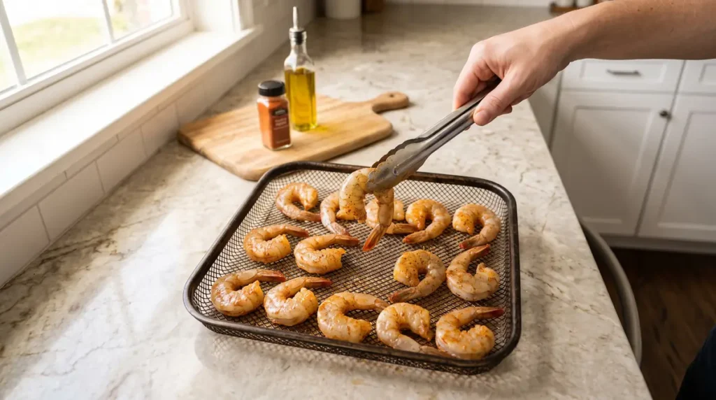 Hand using tongs to place seasoned shrimp on a cooking rack on a kitchen counter
