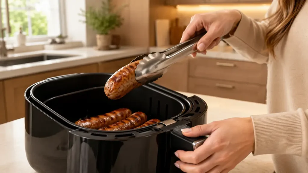 Hand using tongs to pick up a grilled sausage from an air fryer in a kitchen