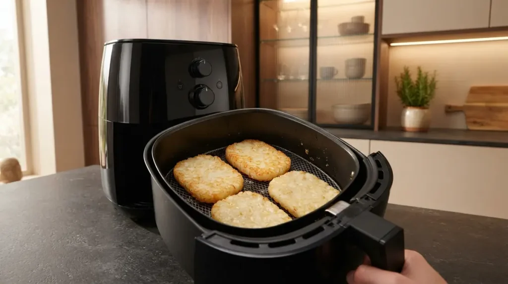 Four hash browns cooking in an air fryer basket in a modern kitchen