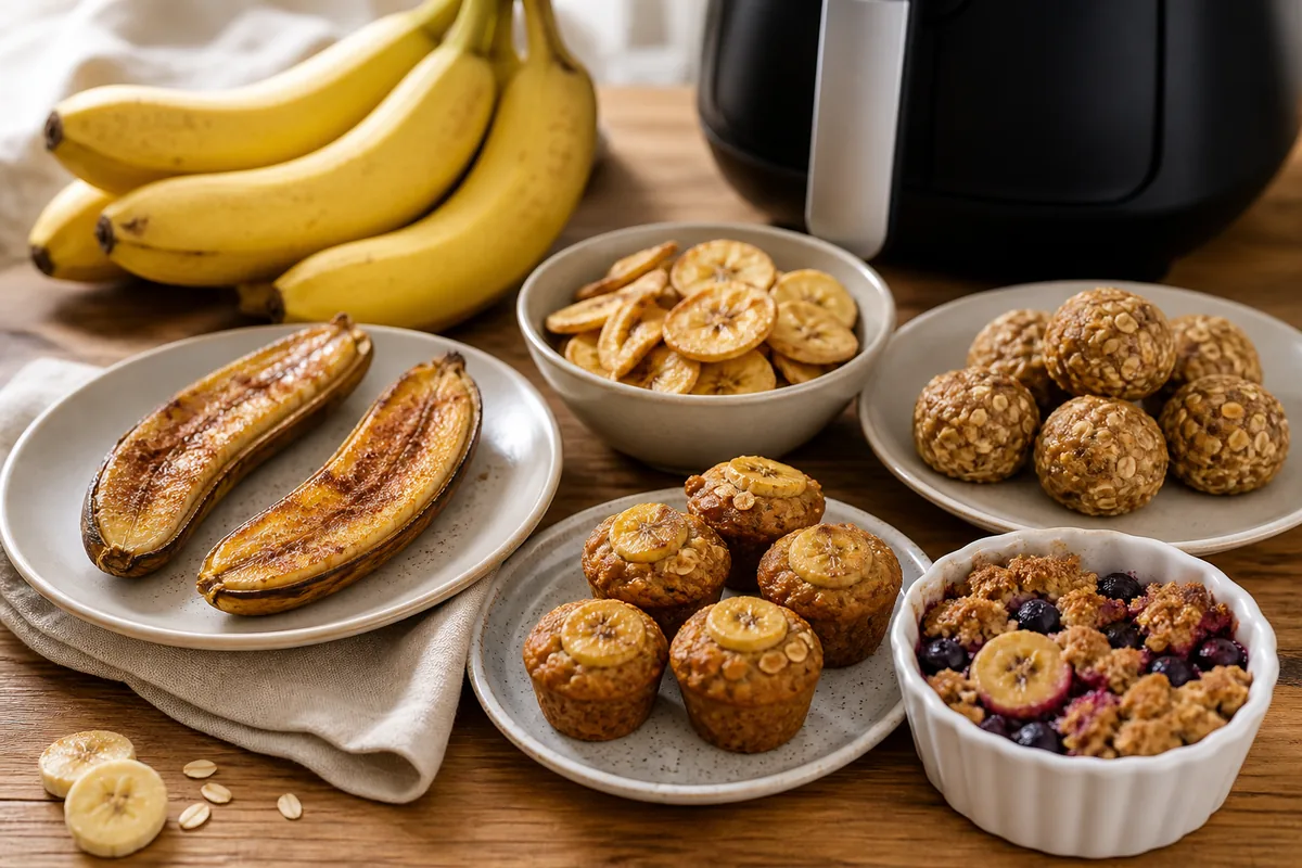 Healthy air fryer banana desserts including caramelized bananas, banana chips, oat bites, muffins, and berry crumble