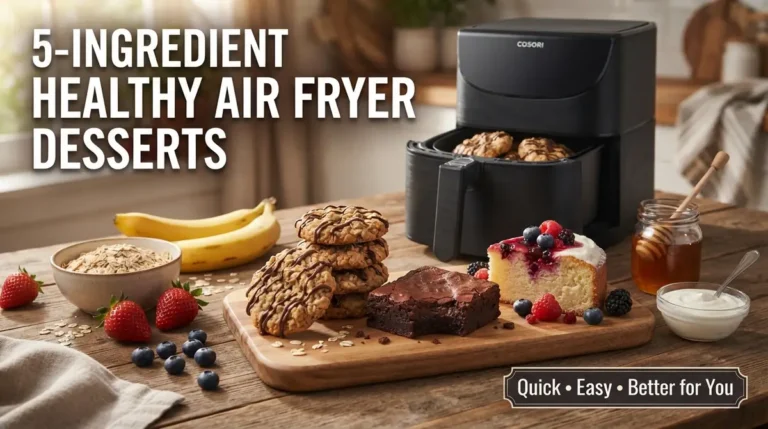 Air fryer with cookies, brownies, cake slice, fruits, and ingredients on a wooden table