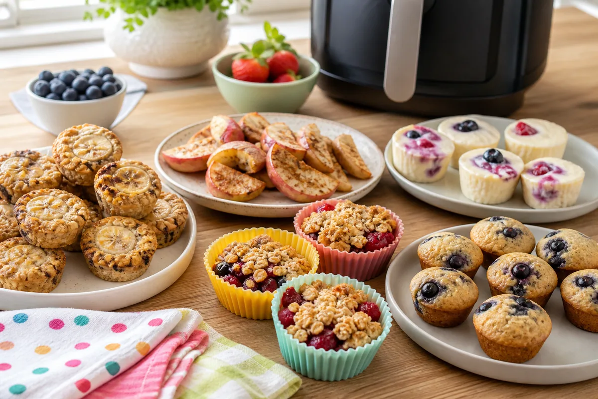 Kid-friendly air fryer desserts including banana oat bites, cinnamon apples, berry cups, yogurt cakes, and blueberry muffins