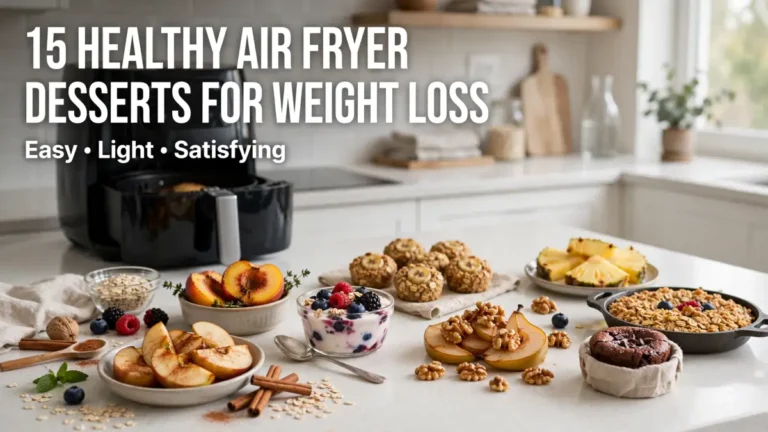 Assorted healthy desserts including apple slices, berries with yogurt, nuts, and baked goods on kitchen counter