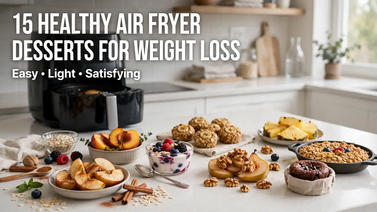 Assorted healthy desserts including apple slices, berries with yogurt, nuts, and baked goods on kitchen counter