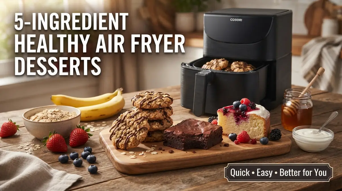 Air fryer with cookies, brownies, cake slice, fruits, and ingredients on a wooden table