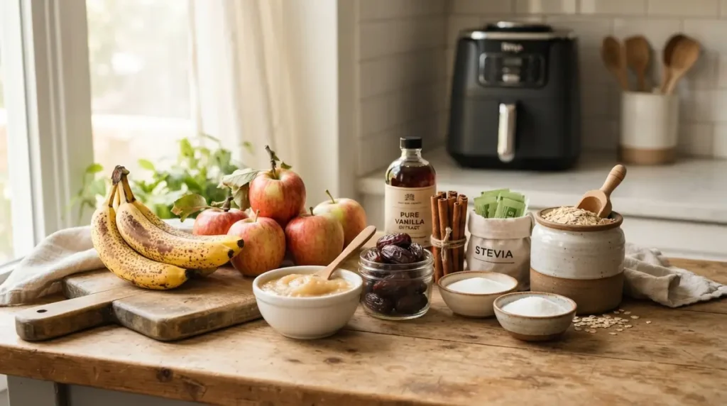 Bananas, apples, dates, cinnamon sticks, vanilla extract, stevia, oats, and other ingredients on wooden kitchen table