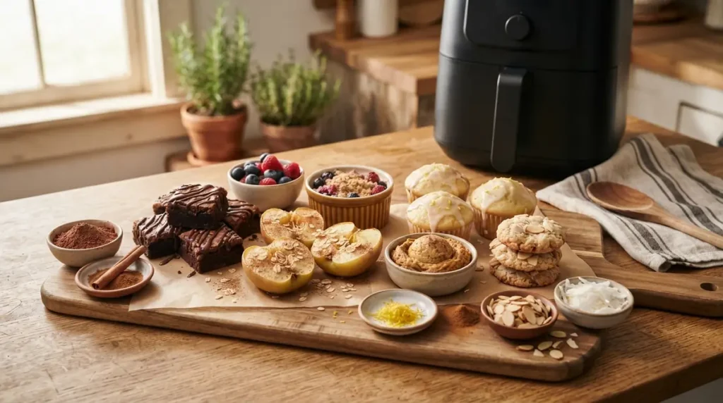 Assorted healthy desserts including brownies, fruit bowls, muffins, and cookies on wooden board by air fryer