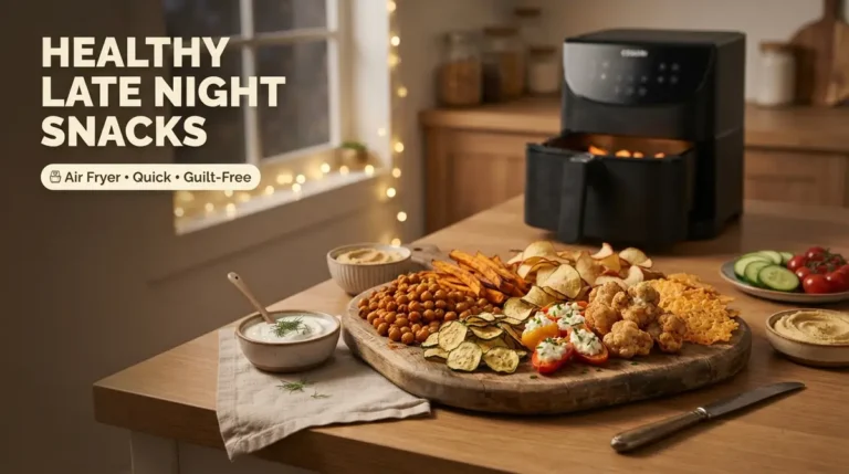 Wooden board with various healthy air fryer snacks and dips on a kitchen table