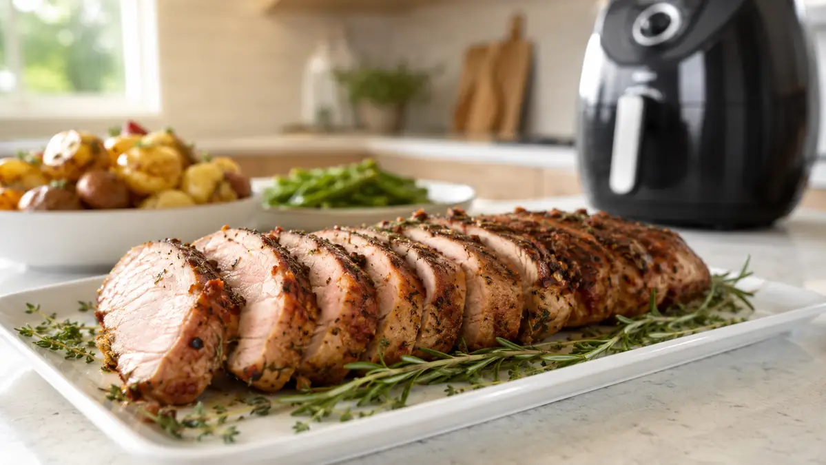 Slices of herb-crusted pork tenderloin on a white plate with green beans and roasted potatoes in the background