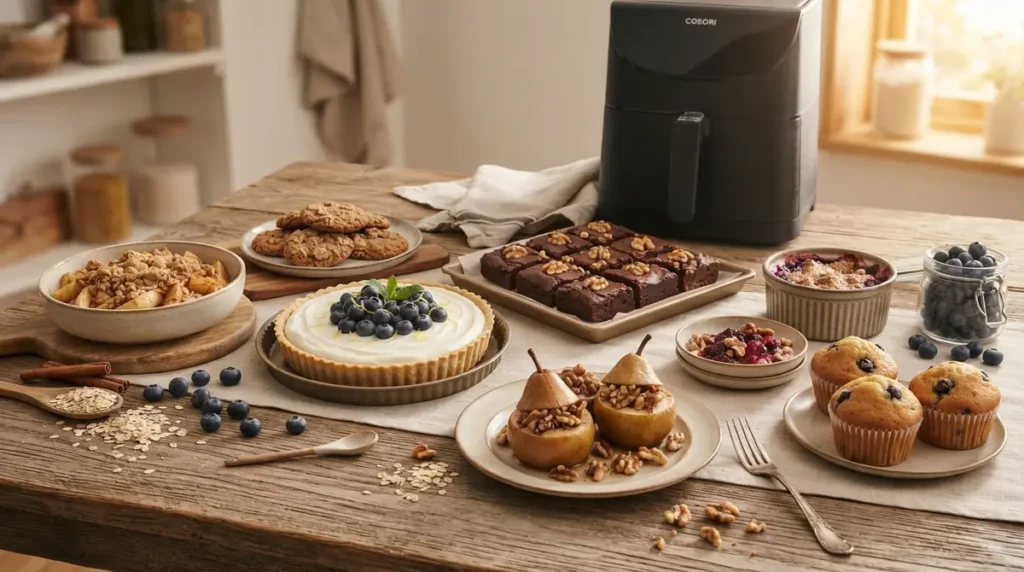 Selection of homemade desserts including muffins, brownies, tart with blueberries, and stuffed pears on rustic wooden table