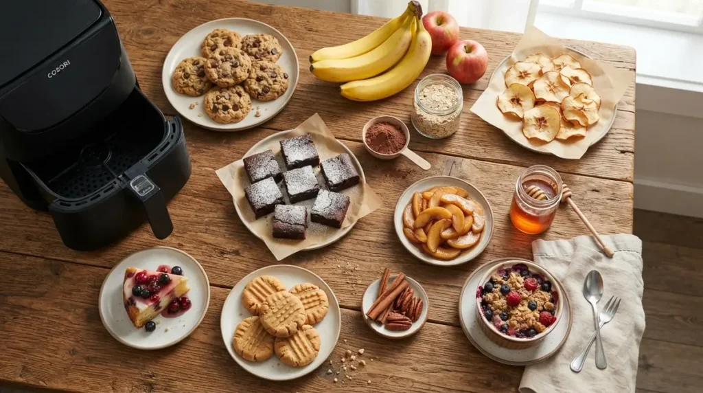 Homemade desserts including cookies, brownies, fruit crisps, and fresh fruit on a wooden table with air fryer