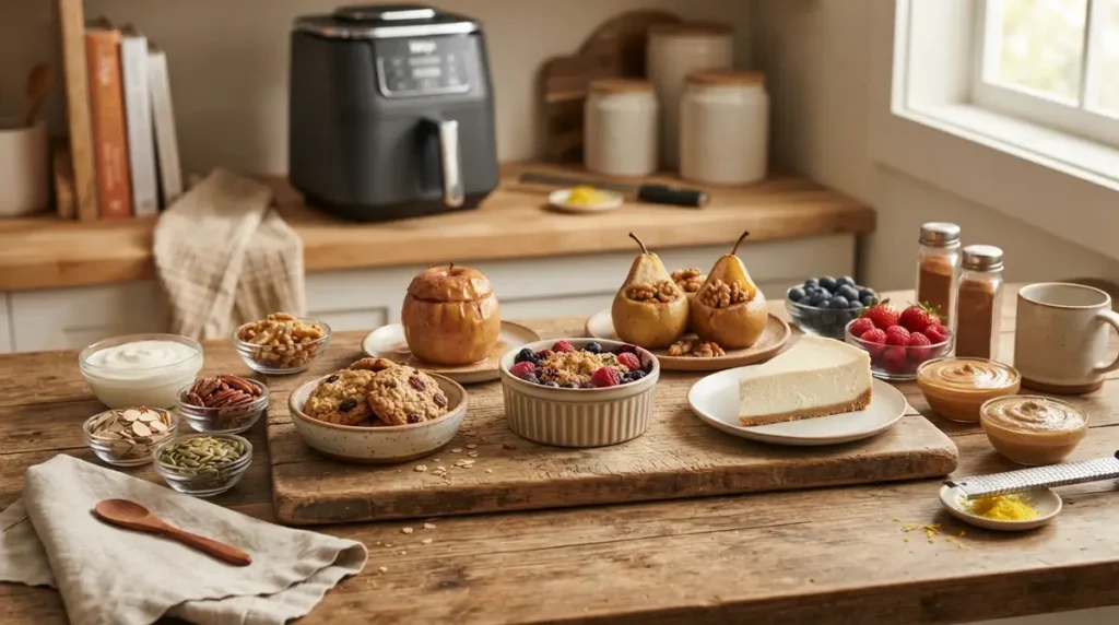 Homemade desserts including baked apples, pears with nuts, cookies, and cheesecake on wooden table