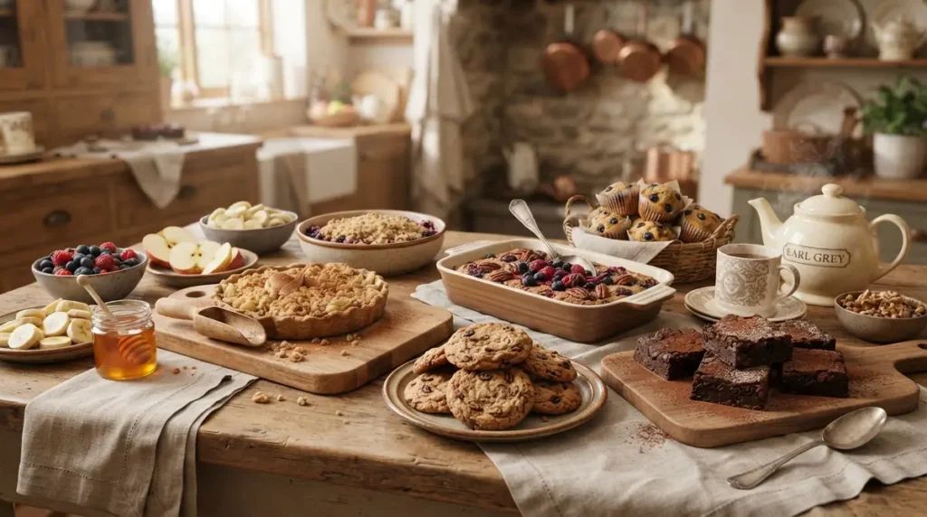 homemade cookies, brownies, fruit tart, muffins, and tea on wooden table