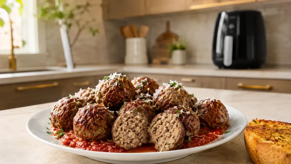Delicious meatballs served on a plate with tomato sauce.