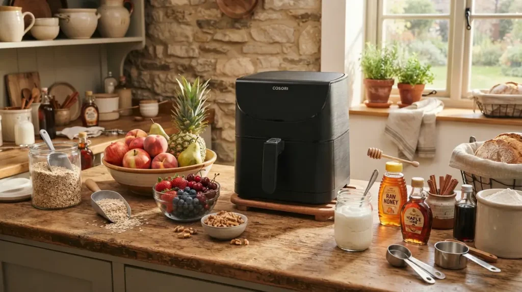 Black air fryer on wooden kitchen countertop surrounded by fruits, nuts, honey, and measuring spoons