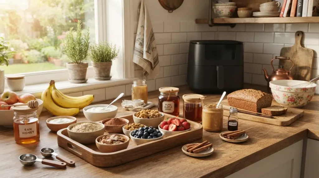 Kitchen counter with fresh fruits, jars of honey, nuts, berries, bread, and baking bowls