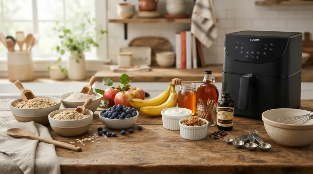 Kitchen countertop with bowls of oats, flour, blueberries, apples, bananas, honey, walnuts, and a black air fryer