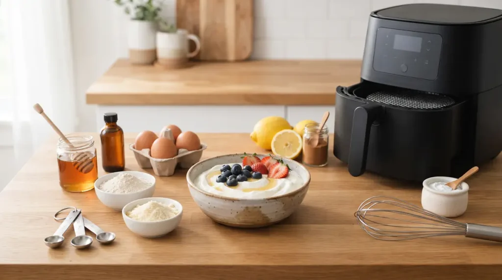 Kitchen countertop with air fryer, eggs, honey, flour, lemon, berries, and a whisk
