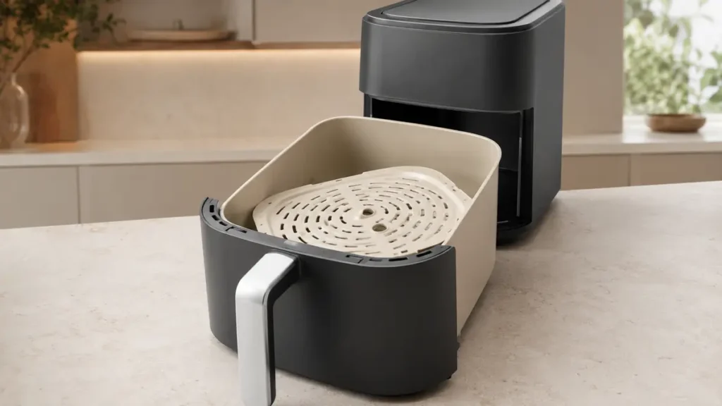 Cuisinart CompactMax 8-Qt Air Fryer Review: AIR-210 4 A modern air fryer with a removable basket in a light kitchen setting.